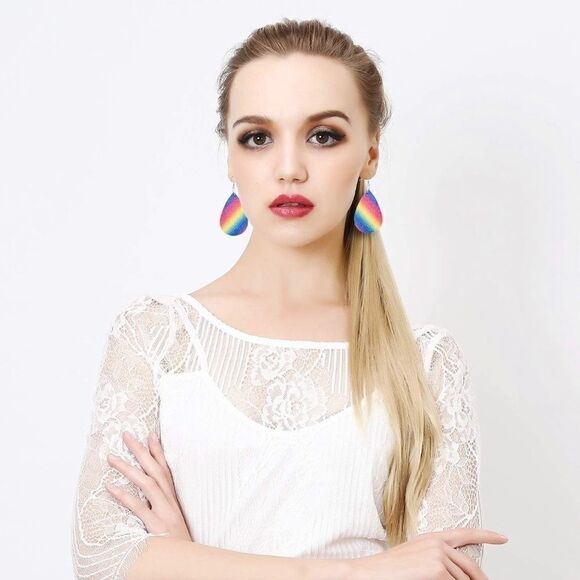 PU Leather Glitter Tear Drop Earrings - Picture 1 of 7